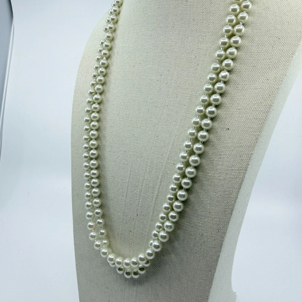 Vintage‎ Faux Pearl Necklace Double Strand Cream Beaded Statement Retro Y2K 90s